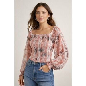 Anthropologie Pink/ White Smocked Crop Top XS Boho Peasant Puff Sleeve Blouse
